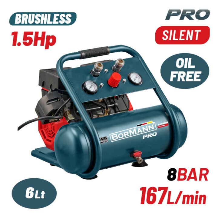 BORMANN BAT5006 Αεροσυμπιεστής Μονομπλόκ,  Oil Free, Silent,Brushless, 1.5Hp,6L, 167L/min