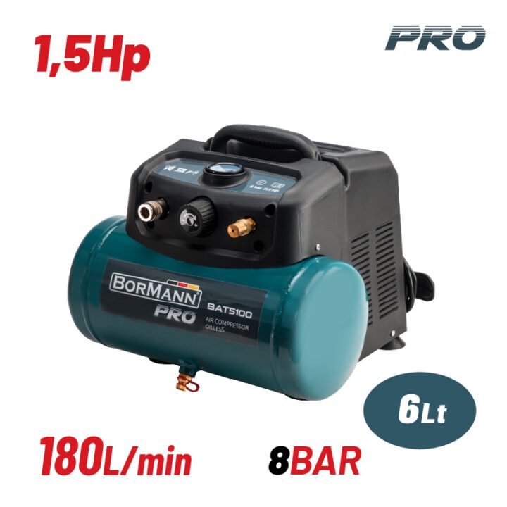 BORMANN Pro BAT5100 Αεροσυμπιεστής Μονομπλόκ, Oil free, Silent, Brushless 1.5Hp, 6Lt, 180L/min