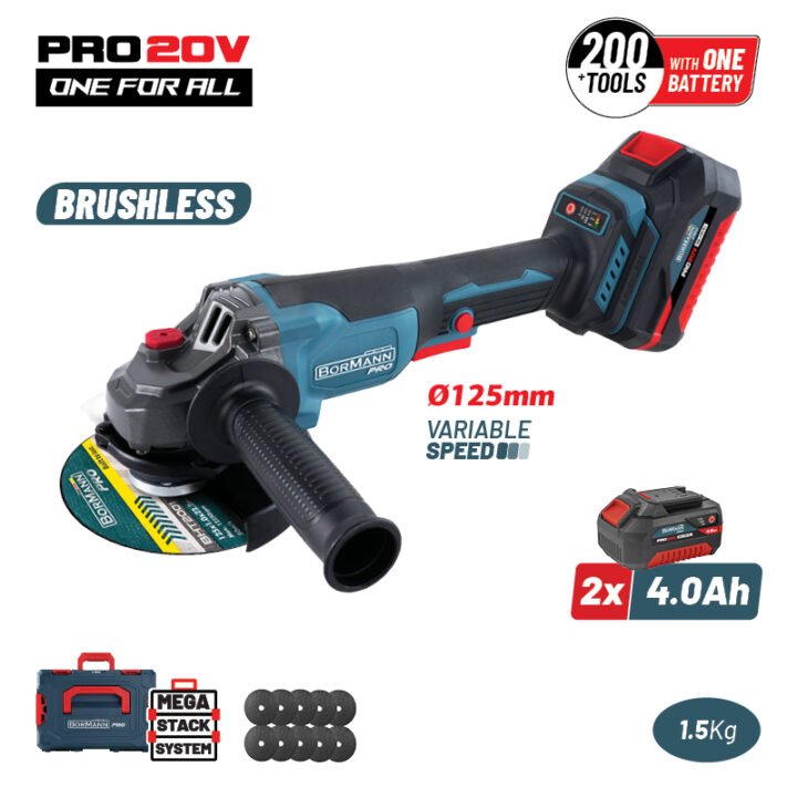 BORMANN Pro BBP3651X44CA Γωνιακός Τροχός Brushless Ρυθμιζόμενος 20V, 3000/5400/8000rpm, 2x4.0Ah