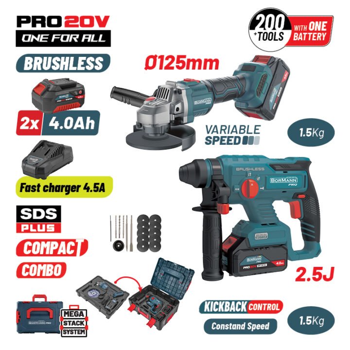 BORMANN Pro BBP5303X44Τ2CA Σετ Πνευματικό Brushless Σκαπτικό Μπαταρίας 20V & Γωνιακός Τροχός