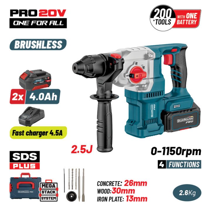 BORMANN Pro BBP5316X44CA Πνευματικό Σκαπτικό Μπαταρίας SDS-PLUS Brushless 20V, 2x4.0Ah,3.5J