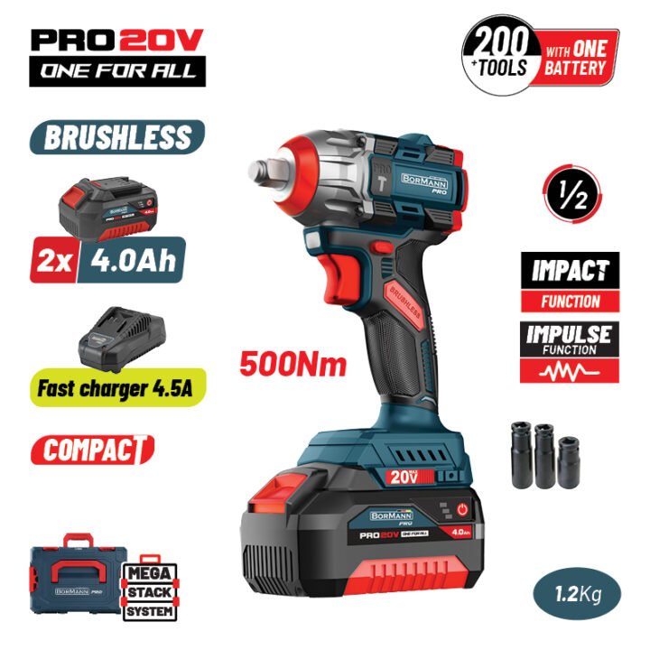 BORMANN Pro BBP5422X44CA Μπουλονόκλειδο Compact Brushless Mπαταρίας 20V Li-Ion, 500Nm, 2x4Αh,Βαλίτσα