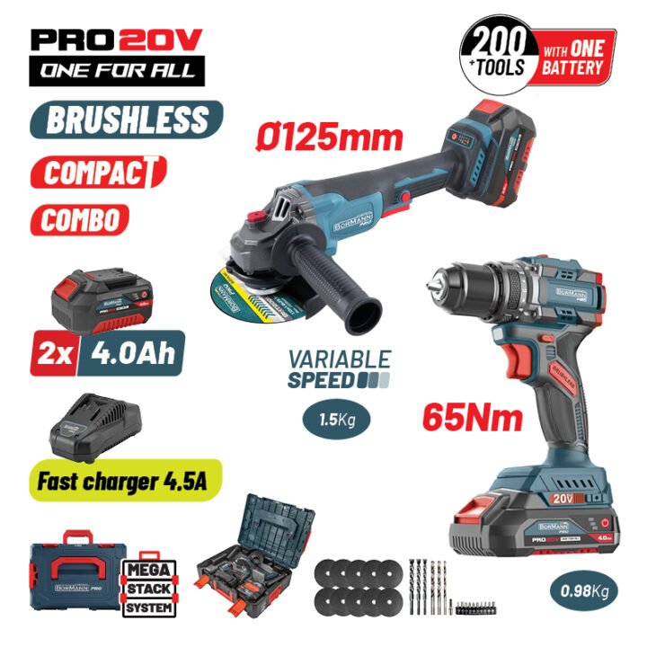 BORMANN Pro BBP5433X44T2CA Σετ Compact Brushless Κρουστικό Δραπαν/βιδο 65Νm & Γωνιακός Τροχός, ΒMC
