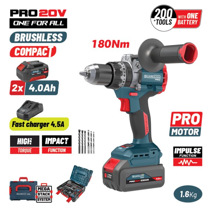 BORMANN Pro BBP5461X44CA Δραπανοκατσάβιδο Κρουστικό, Compact, Brushless Mπαταρίας 20V,Li-Ion,2x4.0Ah