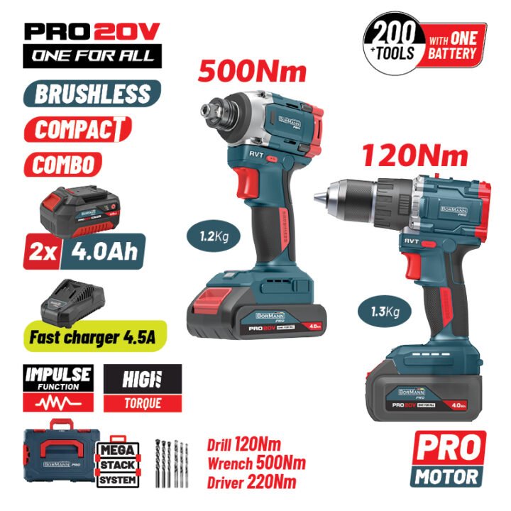 BORMANN Pro BBP5465X44T2CA Σετ Compact Brushless Κρουστικό Δραπανοκατσάβιδο & Μπουλονόκλειδο 2σε1