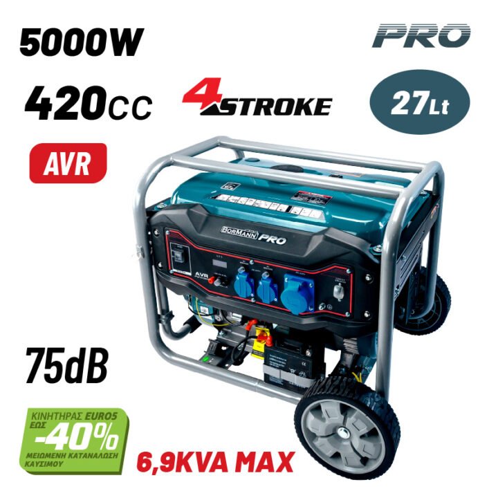 BORMANN Pro BGB6000 Γεννήτρια Βενζίνης 5000W,7kVA, 420cc,75dB, AVR,Μίζα,Μπαταρία,Τροχοί