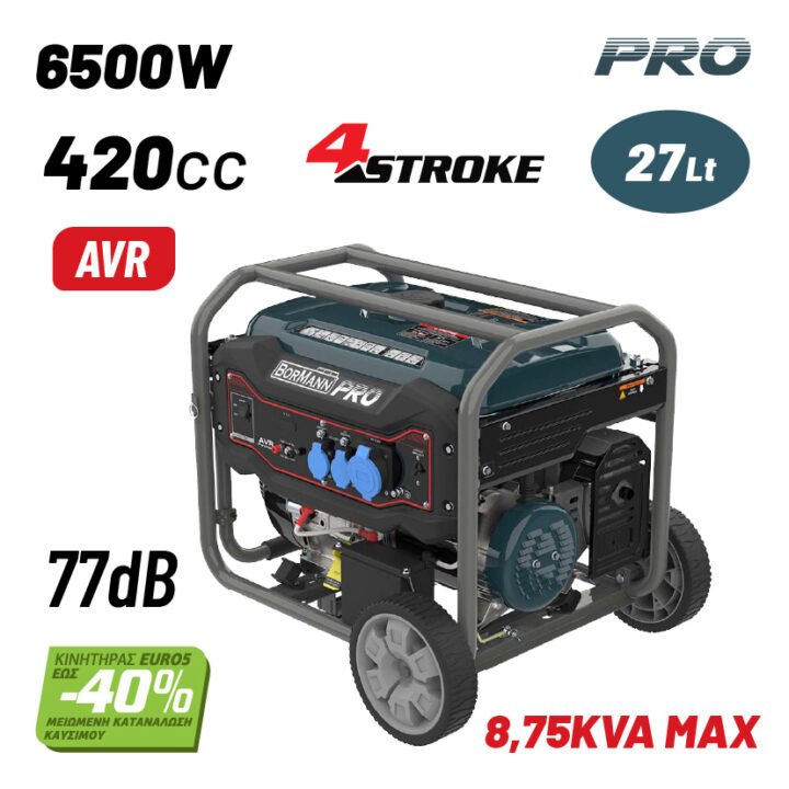 BORMANN Pro BGB8000 Γεννήτρια Βενζίνης 6500W,9kVa,77dB, ΑVR,Μίζα, Μπαταρία,Τροχοί