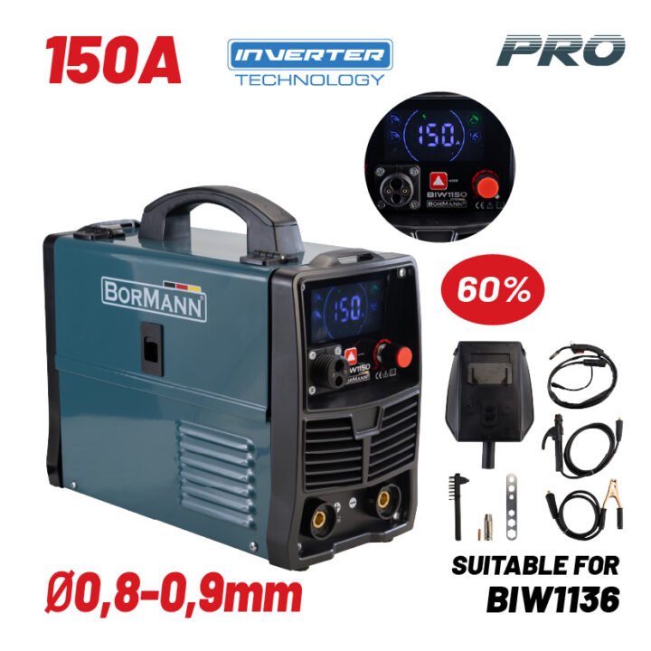 BORMANN Pro BIW1150 Ηλεκτροκόλληση MIG/MAG/TIG/MMA 150A,60%,No gas,450gr/1000gr Κουλούρα (0,8-1,0mm)