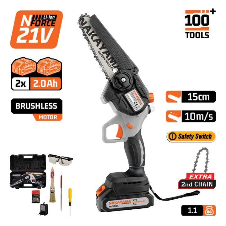 NAKAYAMA EC1100 Κλαδ Αλυσοπρίονο Μπατ 20V, Brushless,Λάμα 15cm,1kg,1/4'' 1,1mm 37Links,10m/s,2x2Ah