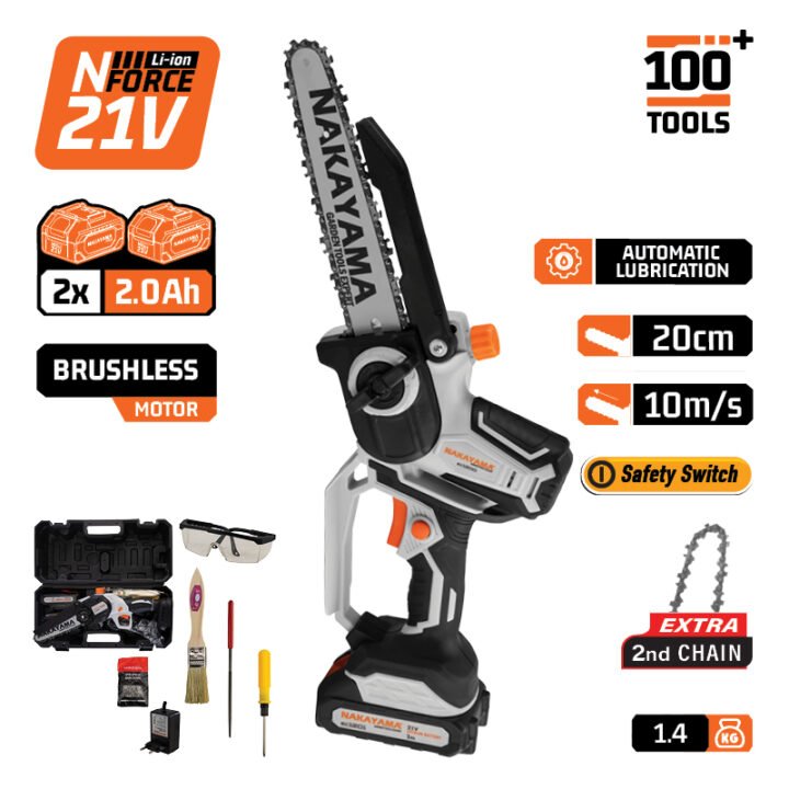 NAKAYAMA EC1200 Κλαδ Αλυσοπρίονο Μπατ 20V, Brushless,Λάμα 20cm, 1,3kg, 1/4"1.1mm, 46Links,10m/s, 2x2A