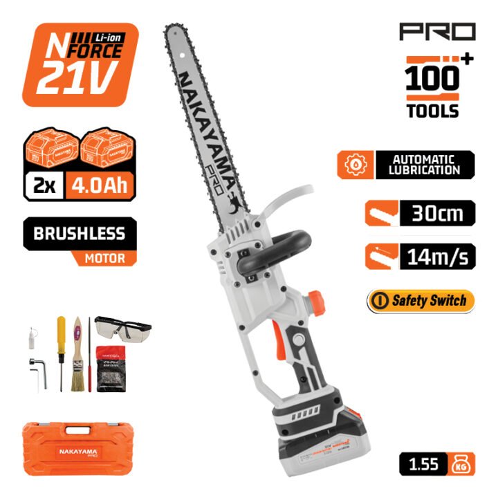 NAKAYAMA Pro EC1230 Κλαδ Αλυσοπρίονο 21V,Brushless, Λάμα 30cm,1/4"1.1mm 62Links, 2x4Ah 1.4kg