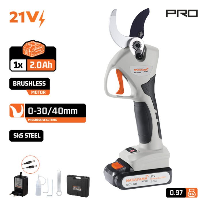NAKAYAMA Pro EC1400 Ψαλίδι Κλάδου Μπαταρίας 21V, Brushless, Διπλή Κοπή 0-30mm/0-40mm,970gr