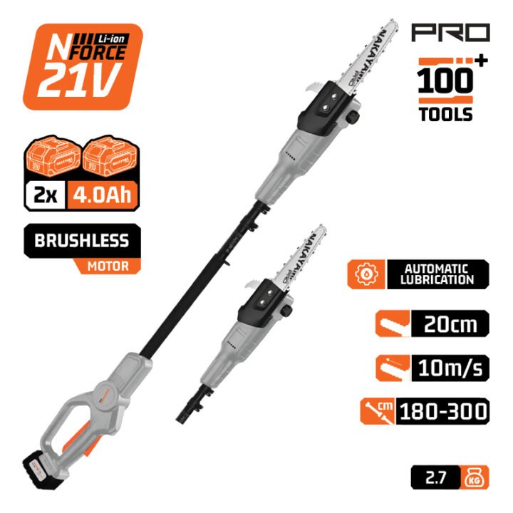 NAKAYAMA Pro EC1615 Τηλεσκοπικό Κονταροπρίονο Μπαταρίας 21V,2x4Ah, Λάμα 20cm, Αυτόματη Λίπανση