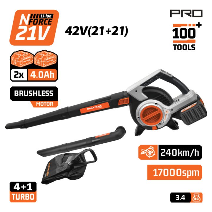 NAKAYAMA Pro EC1715X44 Φυσητήρας Απορροφητήρας Μπαταρίας 42V,Brushless, 2x4Ah,5 Ταχύτητες,288km/h