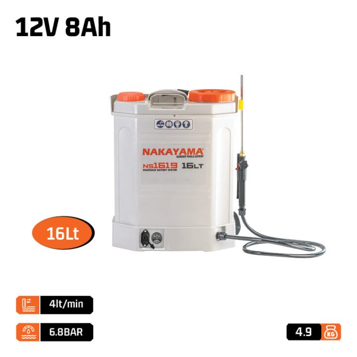 NAKAYAMA NS1619 Ψεκαστήρας Πλάτης Μπαταρίας 12V,8Ah,16Lt με Ανοξείδωτο Τηλεσκοπικό Αυλό