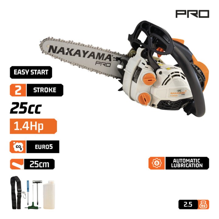 NAKAYAMA Pro PC2525 Αλυσοπρίονο Κλαδευτικό Βενζίνης 25cc/1.4Hp,Λάμα 25cm,1/4''X1,1mm /56,  2,5Kg